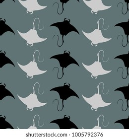 Seamless geometrical abstract pattern with vertical rows of silhouettes of stingray fish.