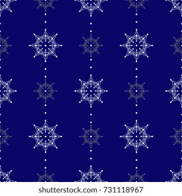 Seamless geometrical abstract pattern with vertical rows of beautiful snowflakes or stars and polka dots. New Year decor.