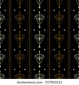 Seamless geometrical abstract pattern with vertical rows of stylized ornaments, lines and dots. Art Nouveau style.
