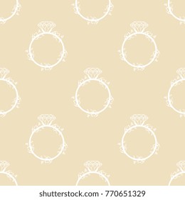 Seamless geometrical abstract pattern with wedding emblems. Engagement ring intertwined with wreath of forget-me-nots.