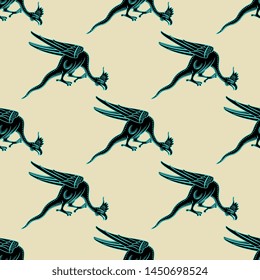 Seamless geometrical animal pattern with fantastic winged dragons or basilisks. Medieval illuminated manuscript motif.