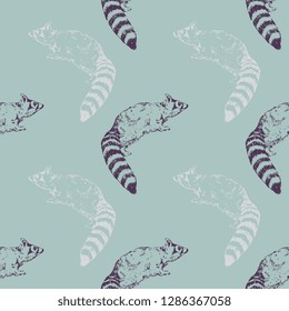 Seamless geometrical animal pattern with hand drawn silhouettes of cacomistle or ringtail cat. (Bassariscus astutus). Vintage style.