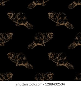 Seamless geometrical animal pattern with hand drawn silhouettes of beavers. Vintage style.