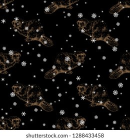 Seamless geometrical animal pattern with hand drawn silhouettes of beavers and snowflakes. Vintage style.