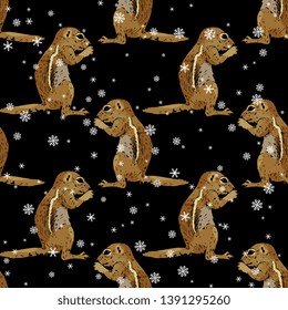 Seamless geometrical animal pattern with hand drawn sketches of wild rodent and snowflakes. Ground squirrel, Prairie dog, Chipmunk, Suslik or Gopher.