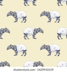 Seamless geometrical animal pattern with hand drawn silhouettes of Malayan Tapirs (Tapirus indicus).