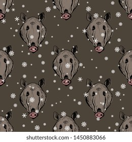 Seamless geometrical animal pattern with hand drawn heads of wild boar or wild pig and snowflakes.