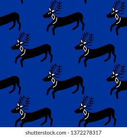 Seamless geometrical animal pattern with silhouettes of stylized running deers.
