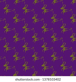Seamless geometrical animal pattern with silhouettes of stylized deers. Hand drawn doodle sketch.