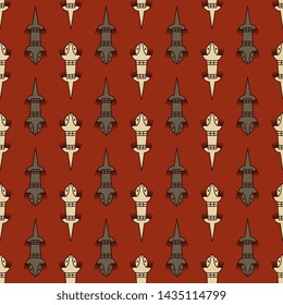 Seamless geometrical animal pattern with silhouettes of stylized lizards. Folk tribal motif from ancient Peru.