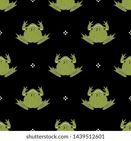 Seamless geometrical animal pattern with silhouettes of frogs or toads. Flat cartoon style.