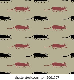 Seamless geometrical animal pattern with silhouettes of stylized shrew or rat in a royal crown.