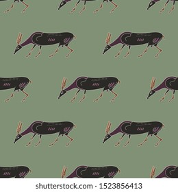Seamless geometrical animal pattern with silhouettes of stylized antelopes or does. Ancient Greek vase painting motif.