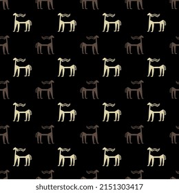 Seamless geometrical animal pattern with silhouettes of stylized funny antelope or goat. Ancient Mesopotamian design. White and brown silhouettes on black background.