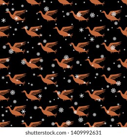 Seamless geometrical animal pattern with small silhouettes of stylized flying birds and snowflakes.