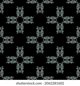 Seamless geometrical animal pattern with square cross mandalas made from fantastic crocodile monsters. Native American art of Aztec Indians from Mexican codex. On black background.