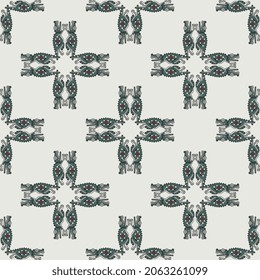 Seamless geometrical animal pattern with square cross mandalas made from fantastic crocodile monsters. Native American art of Aztec Indians from Mexican codex. On white background.