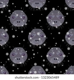 Seamless geometrical animal pattern with stylized faces of a seal and snowflakes. Flat cartoon style.