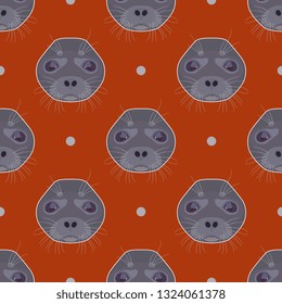 Seamless geometrical animal pattern with stylized faces of a seal and abstract polka dots. Flat cartoon style.