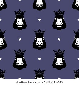 Seamless geometrical animal pattern with stylized silhouetted heads of funny goose in a crown and abstract heart symbols.