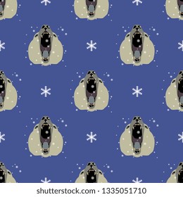 Seamless geometrical animal pattern with stylized faces of a roaring polar bear and snowflakes. Flat cartoon style.