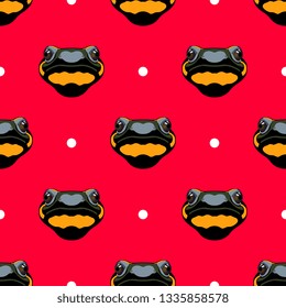 Seamless geometrical animal pattern with stylized funny faces of fire salamander and abstract polka dots. Flat cartoon style.