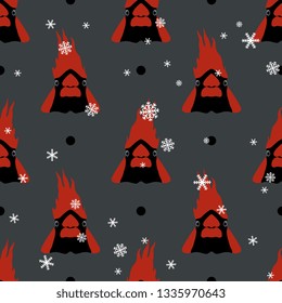 Seamless geometrical animal pattern with stylized funny faces of a cardinal bird and snowflakes. Flat cartoon style.