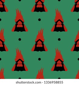 Seamless geometrical animal pattern with stylized funny faces of a cardinal bird and abstract polka dots. Flat cartoon style.