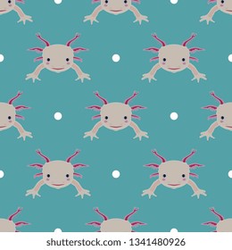 Seamless geometrical animal pattern with stylized funny faces of axolotl. Flat cartoon style.