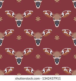 Seamless geometrical animal pattern with stylized heads of African Bongo antelope (Tragelaphus eurycerus) and floral polka dots. Flat cartoon style.