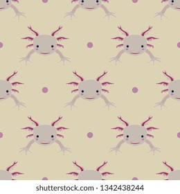 Seamless geometrical animal pattern with stylized funny faces of axolotl. Flat cartoon style.