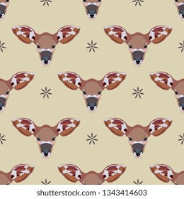 Seamless geometrical animal pattern with stylized heads of African Bongo antelope (Tragelaphus eurycerus) and floral polka dots. Flat cartoon style.