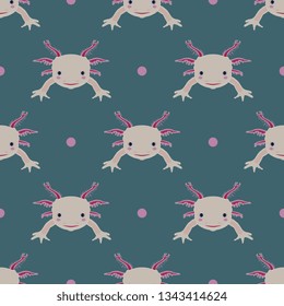 Seamless geometrical animal pattern with stylized funny faces of axolotl. Flat cartoon style.