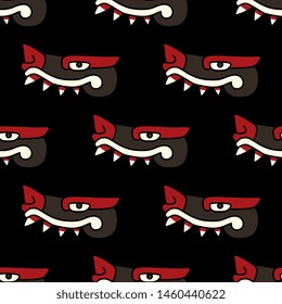 Seamless geometrical animal pattern with stylized heads of fantastic monster caiman. Ancient Mexican Aztec motif.