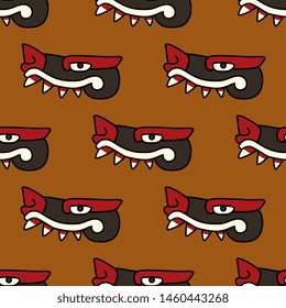 Seamless geometrical animal pattern with stylized heads of fantastic monster caiman. Ancient Mexican Aztec motif.