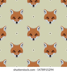 Seamless geometrical animal pattern with stylized funny faces of red fox. Flat cartoon style.