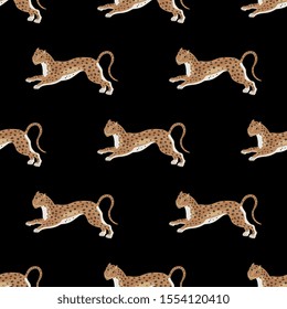 Seamless geometrical animal pattern with stylized running spotted wild cats or leopards. Folk style.