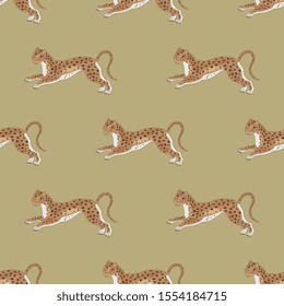 Seamless geometrical animal pattern with stylized running spotted wild cats or leopards. Folk style.