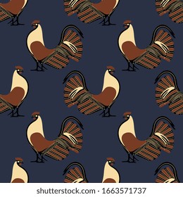 Seamless geometrical animal pattern with stylized roosters. Ancient Greek vase panting motif. Folk style.