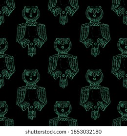 Seamless geometrical animal pattern with stylized owls. Permian animal style. Tribal totem art from ancient Siberia. Hand drawn rough sketches.