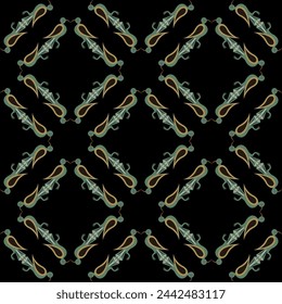 Nahtloses geometrisches Tiermuster mit stilisierten Vögeln. Volksstil. Auf schwarzem Hintergrund.