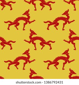 Seamless geometrical animl pattern with fantastic dragons. Ancient Chinese ethnic motif.