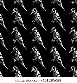 Seamless geometrical black and white pattern with silhouettes of woodpeckers. Based on hand drawn ink sketch.