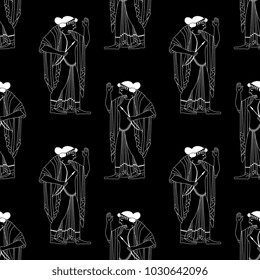 Seamless geometrical black and white pattern with linear silhouettes of ancient Greek goddess Artemis.