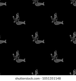 Seamless geometrical black and white pattern with silhouettes of ancient Mesopotamian sea fish god Dagon or Oannes. Fantastic mythological marine creature.