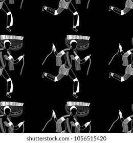 Seamless geometrical black and white pattern with ethnic African motifs. Based on rock painting image of ancient Horned Goddess from Sahara desert. Tassili n'Ajjer, Algeria.