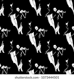 Seamless geometrical black and white pattern with silhouettes of a skeleton playing the violin. Based on hand drawn original style art.