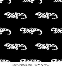 Seamless geometrical black and white pattern with hand drawn silhouettes of fire salamander.