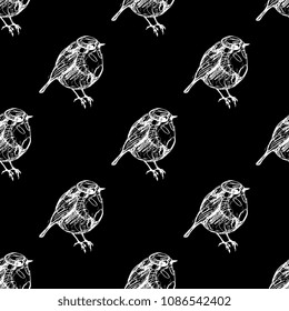 Seamless geometrical black and white pattern with hand drawn linear silhouettes of European robin (Erithacus rubecula) or redbreast bird. Based on hand drawn ink sketch.