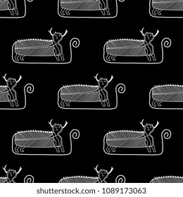 Seamless geometrical black and white pattern with silhouettes of fantastic beast. Ethnic style. Based on ancient folk motif of Native American Indians.